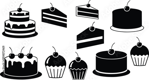 Various delicious cakes and desserts in black and white with cherries on top for celebrations and special occasions 