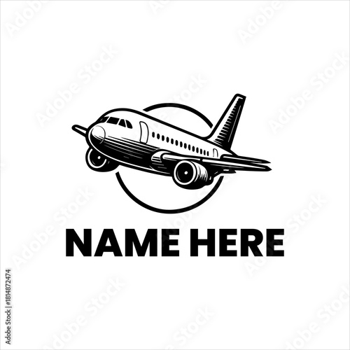 Airplane Logo Design Concept for Aviation Travel and Transportation Businesses Featuring a Jet Aircraft Flying Around a Circle with Placeholder Text
