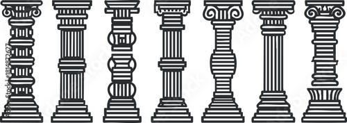 Set of eight elegant vector illustrations of various classical column styles for architectural design and heritage projects