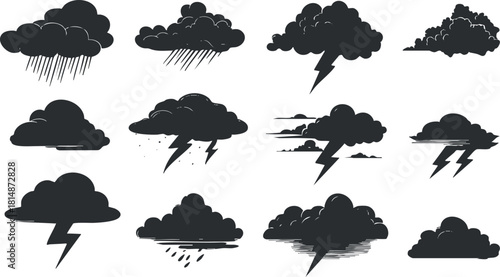 Collection of black and white vector icons featuring various cloud types, lightning, and storm elements for weather-related design projects