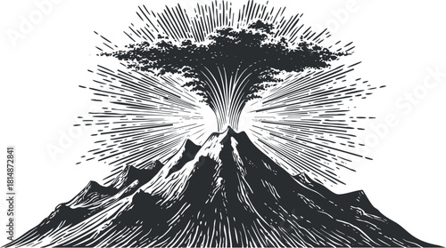 Detailed black and white vector illustration of a volcanic eruption with dramatic ash clouds and dynamic lines for creative projects