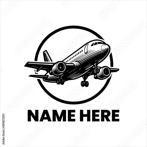 Airplane in Flight with Circle Frame Logo Template for Aviation Industry or Travel Agency