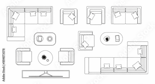 Top view living room furniture set. 2D vector plan symbols: L-shaped sofa, armchair, coffee table, and TV stand.