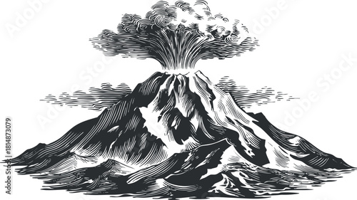 Intricate black and white vector illustration of a volcanic eruption featuring dramatic smoke and landscape details for environmental themes