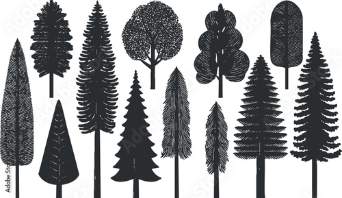 Collection of black silhouette vector illustrations featuring various tree types for nature-themed designs and environmental projects