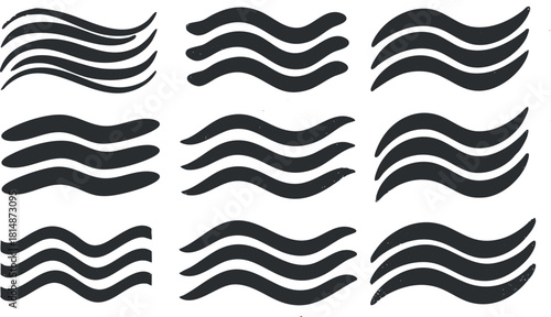 Set of modern black wave vector icons showcasing fluid shapes and dynamic movement for design projects