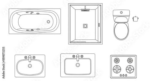 Top view bathroom and kitchen CAD blocks. Vector plan symbols: bathtub, shower, toilet, sink, and stovetop.