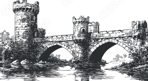 Detailed black and white illustration of a medieval stone castle bridge over a tranquil river landscape