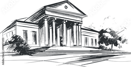 Detailed black and white vector illustration of a classical architectural building with columns, suitable for educational or design use