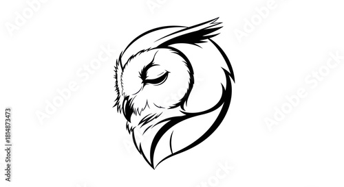 Stylized Owl Head Illustration with Closed Eyes and Feather Details.