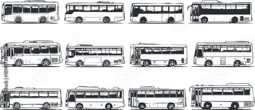 Collection of black and white vector illustrations of various bus designs showcasing public transportation concepts