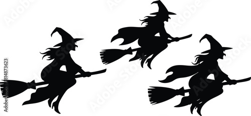 Witches flying on broomsticks in silhouette style for Halloween celebrations and decorations 