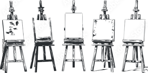 Vector illustration of five easels with blank canvases, showcasing a minimalist and modern artistic concept for design projects
