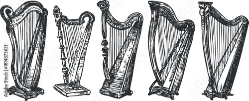 Hand-drawn vintage vector illustration of harps in various ornate styles, perfect for music-themed design projects.
