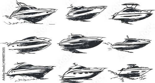 Stylized collection of hand-drawn vector illustrations featuring various yacht designs, perfect for marine and travel-themed projects