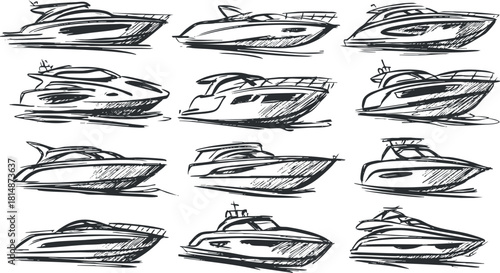 Stylized vector collection of various yacht designs sketched in a modern artistic style for nautical themes and branding