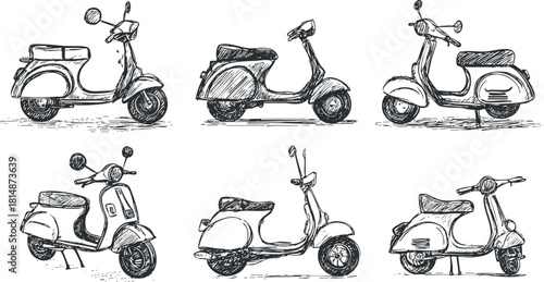 Hand-drawn vector illustration set of vintage scooters in various styles for transportation and design projects
