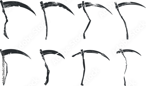 Set of minimalist vector illustrations showcasing various scythe designs for agricultural and farming concepts