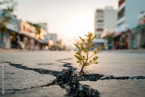 Fototapeta Naklejka Na Ścianę i Meble -  A small green plant growing through a crack in the pavement with buildings in the background