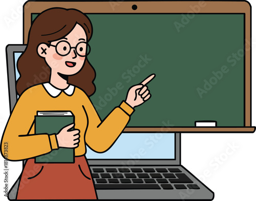 Female teacher online education remote learning digital classroom laptop vector illustration