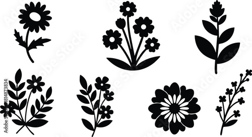 Floral vector designs featuring various flower silhouettes for decorative purposes in graphic projects 