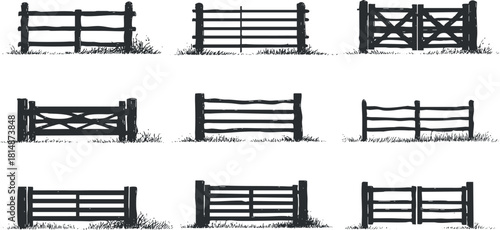 Collection of black and white vector illustrations of various fence designs for rural and outdoor themes