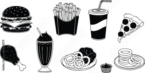 Fast food assortment featuring burger, pizza, fries, and beverages perfect for casual dining and gatherings 