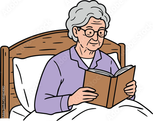 Elderly woman reading book in bed relaxing at home vector illustration