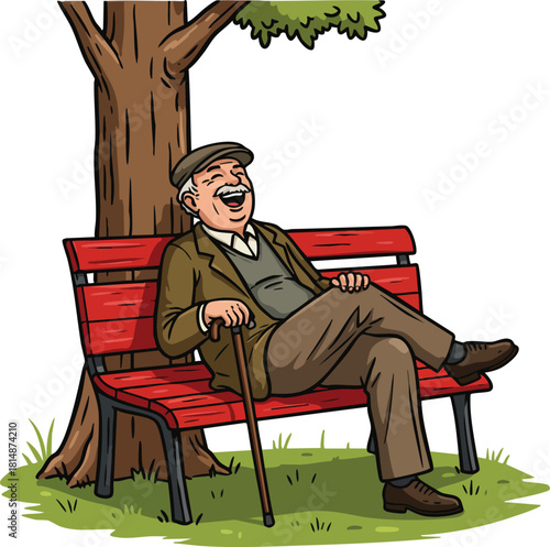 Elderly man relaxing on red bench under tree laughing with cane in park vector illustration