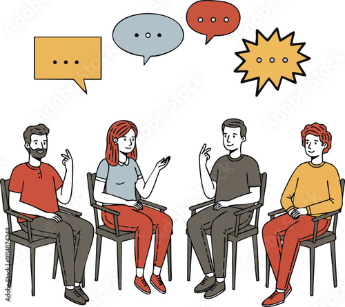 Group of diverse people having discussion with speech bubbles communication concept vector illustration
