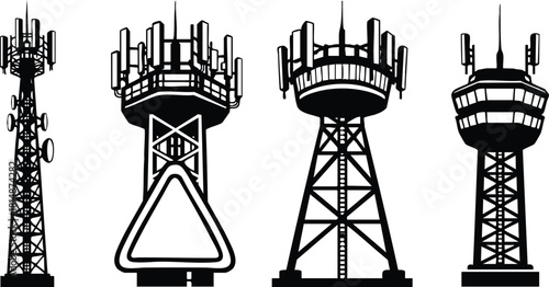 Communication towers silhouettes showcasing various designs and structures in a modern vector illustration style 