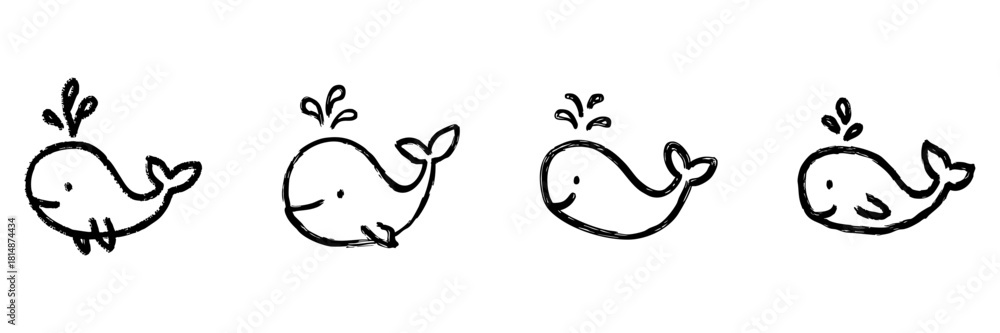Obraz premium Cute Whale Line Icon Set In Doodle Style. Marine Life, Ocean Creatures, And Playful Sea Animals Outline Sketch Collection. Hand Drawn Isolated Vector Illustration