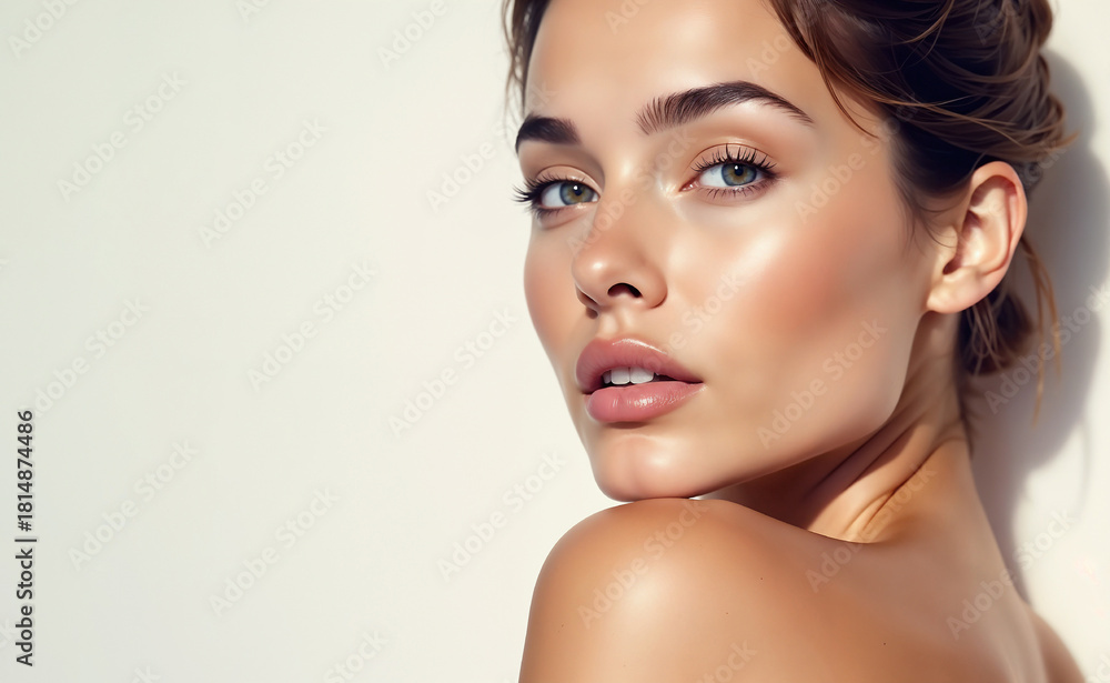 Naklejka premium Close-up of one brunette woman's face with natural beauty, showing clean skin, eyes, and glamour care for sensuality in a studio fashion model shot