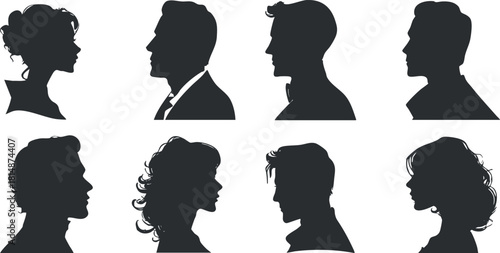 Silhouette vector illustration set of diverse male and female profile heads for design and branding projects