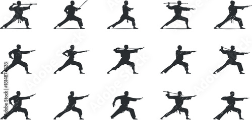 Stylized silhouette vector icon set of martial arts fighters in various dynamic poses for sports and fitness designs