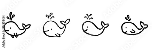 Cute Whale Line Icon Set In Doodle Style. Marine Life, Ocean Creatures, And Playful Sea Animals Outline Sketch Collection. Hand Drawn Isolated Vector Illustration