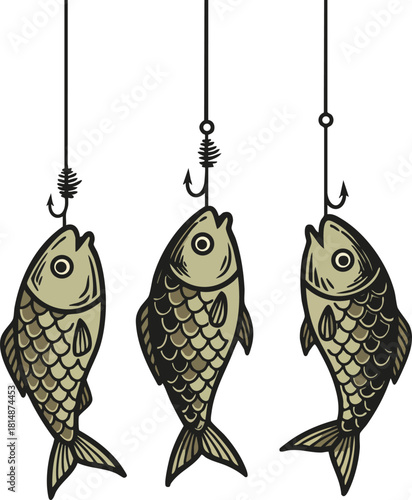 Three fish hanging on fishing hooks vector illustration natural style fishing bait design