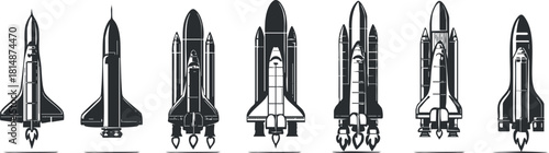 Collection of minimalist black and white vector illustrations showcasing various rocket designs for technology and space exploration themes