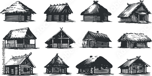 Hand-drawn vector collection of rustic wooden huts and houses with thatched roofs for architectural and design projects