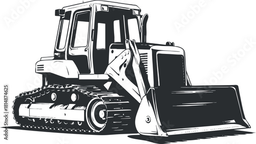 Stylized black and white vector illustration of a bulldozer, perfect for construction-themed design projects and engineering concepts