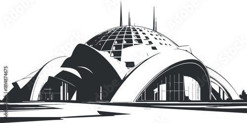 Stylized monochrome vector illustration of a modern architectural building with a dome and dynamic shapes suitable for design projects