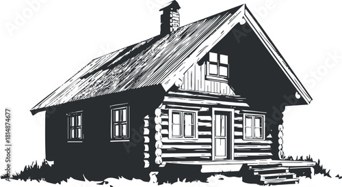 Detailed black and white vector illustration of a rustic log cabin, ideal for architectural design and country-themed projects