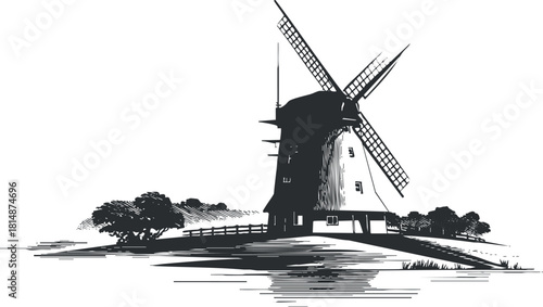 Black and white vector illustration of a traditional windmill in a rural landscape, ideal for eco-friendly themes and design projects