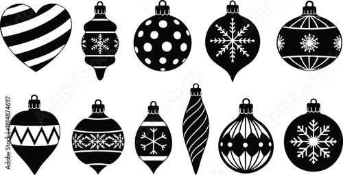 Christmas ornaments collection featuring various shapes and patterns for holiday decorations and festive celebrations 