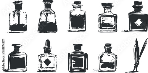 Hand-drawn vector illustration of vintage ink bottles in black and white for artistic and stationery design projects