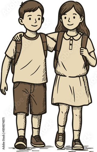 Two children walking together boy girl with backpacks smiling happy casual clothes vector illustration