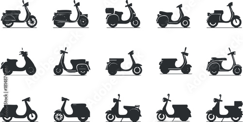 Set of minimalist black and white vector icons featuring various scooter designs for urban transportation and lifestyle projects