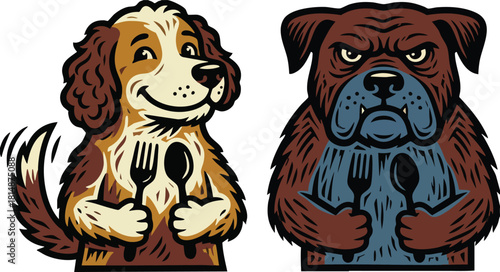 Cartoon illustration of happy and angry dogs holding fork and spoon vector food concept