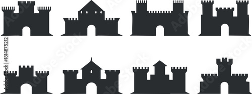 Silhouette vector icon set featuring various castle designs for graphic projects, fantasy themes, and historical illustrations