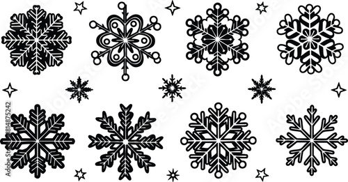 Snowflakes collection in various intricate designs suitable for winter decorations and festive occasions 